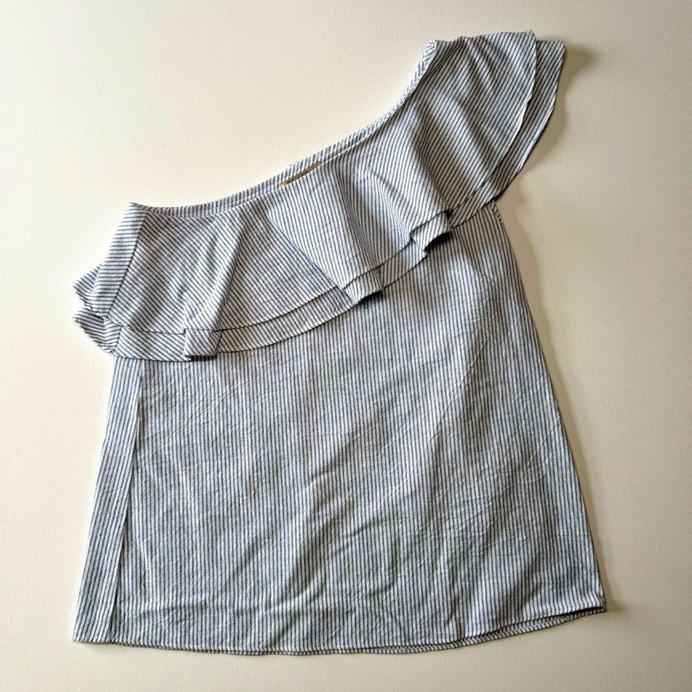 Lucky Brand XS One Shoulder Ruffle Striped Top Blue White Summer Boho Chic Cute